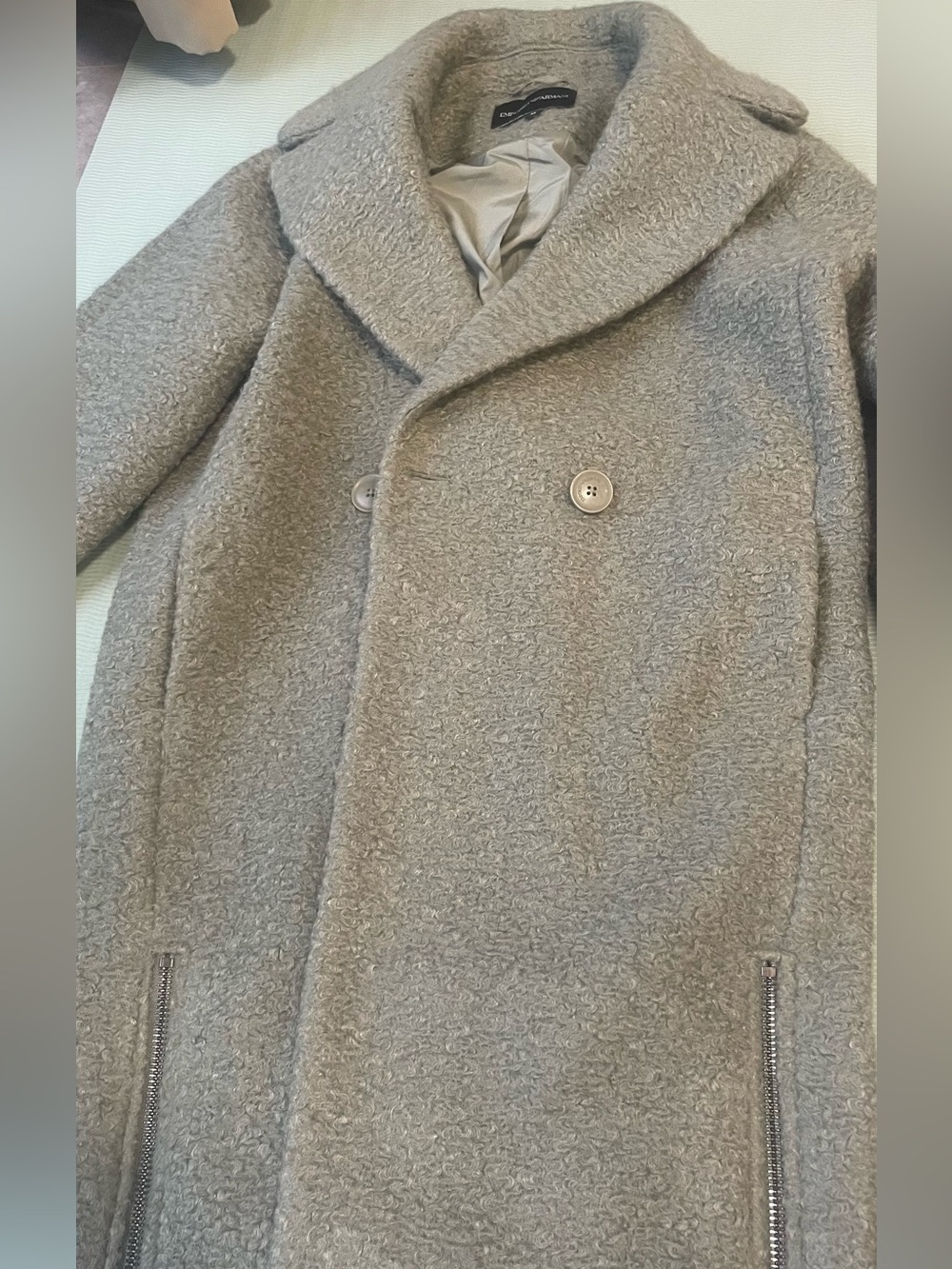 Emporio Armani Olive Green Teddy Bouclé Double-Breasted Coat - Picture 6 of 11